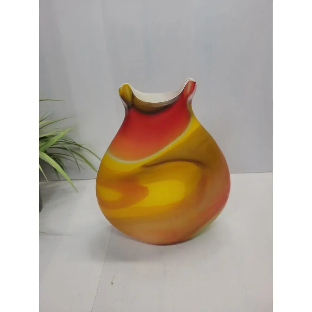 Vintage Azerbaijan Art Glass Vase Yellow Orange Red Satin Swirl Baijan Pinch Top